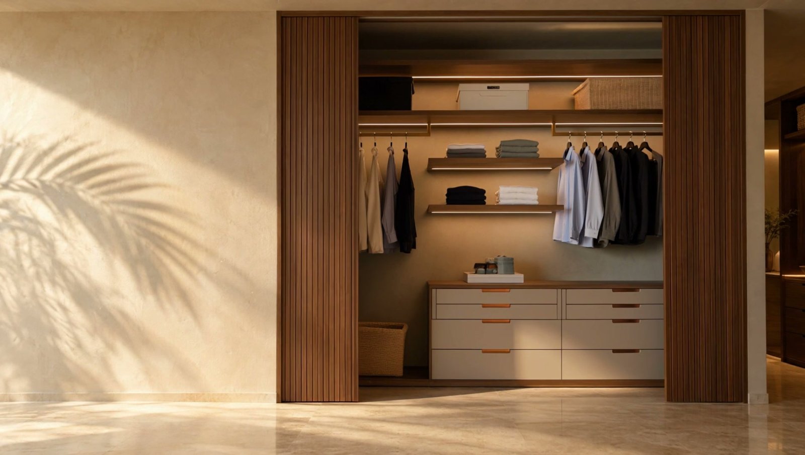 Closet abierto con luz cálida, repisas y cajonera